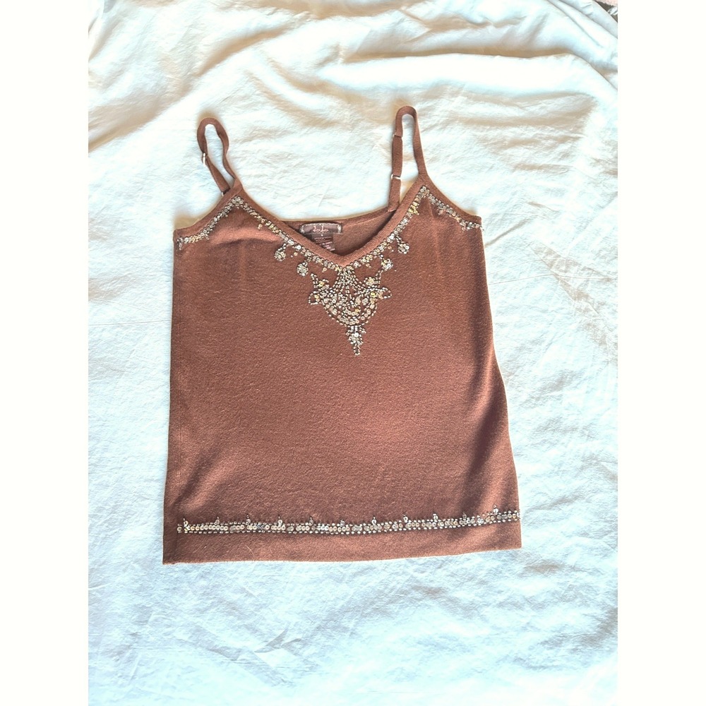 Y2K Deadstock Brown Silk Tank Crown Rhinestone Beaded Fairy Princess Top S